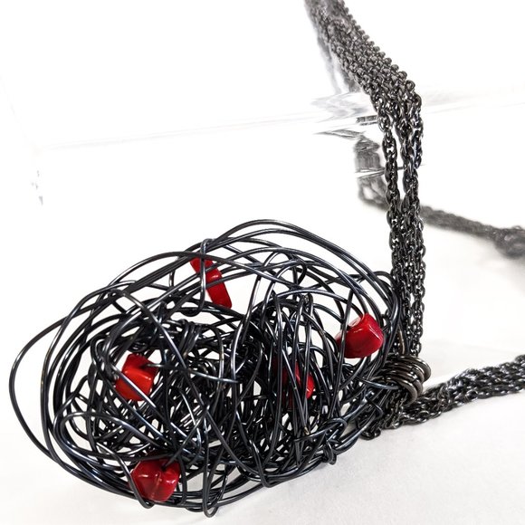 Necklace with Oval Pendant Coral Gemstone Handmade - Picture 6 of 9